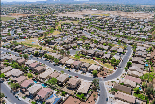 Aerial view of suburban neighborhoods in the East Valley, Arizona, showing one of the best places to live for families and professionals.