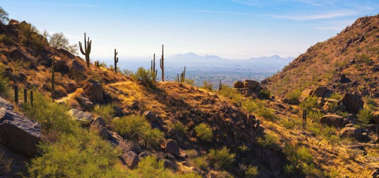 Desert hiking trail overlooking East Valley Phoenix Arizona skyline